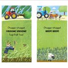 "They'll grow BIG." "Chugga-chugga! VROOM! VROOM!" "Chugga-chugga! BEEP! BEEP!" "Tractors on the go." Illustration mit Tieren und Traktoren auf Feldern.
