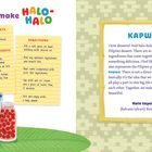 Anleitung für "Halo-Halo". Zutaten: Eis, Milch, Ube-Eis, Früchte. Beschreibung des Desserts als Symbol der Einheit.