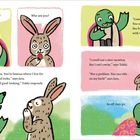 "Du musst Tokki sein!", sagt eine Schildkröte zur überraschten Hasenfigur. Sie reisen gemeinsam ans Meer. Illustration.