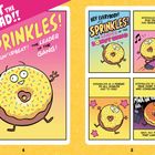 "Sprinkles! Fun! Upbeat! The Leader of the Gang!" Illustration mit fröhlichem Donut, der Skateboard fährt.