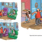 Text: "The dog loves mysterious smells. Especially Dad’s mysterious smells." Illustration: Ein Hund schnüffelt an einem Mann.