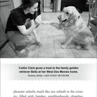 Caitlin Clark gibt dem Familien-Golden-Retriever Bella ein Leckerli. Eine Frau und ein Hund in einer Küche. Seitenzahl 17.
