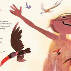Text: "If you walk outdoors, eyes, ears, and heart open, when you least expect it, a wild thing may swoop or leap or skitter into your life."

Illustration: Ein fröhliches Kind erhebt die Arme, umgeben von Vögeln und einem Marienkäfer.