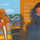 Links Text: "She was a city child...sneaker." Rechts Text: "The Earlies stared...visitors." Illustration mit Mädchen und älterem Mann.