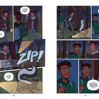 Comic-Szene im Wald bei Nacht. Zwei Personen und ein Tier. Wörtliche Rede: "Cat?", "Rodent?", "Dangerous?", "Came back!".