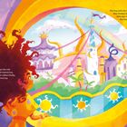 Ein Mädchen mit wildem, roten Haar schaut durch ein Fenster auf ein farbenfrohes Märchenreich mit Türmen und Palmen.