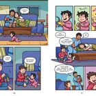 Ein Junge namens Max spielt mit einem Kleinkind. Dialoge wie "Careful, Max" und "Your mom fell asleep to avoid diaper duty" sind enthalten. Die Szene zeigt eine familiäre Wohnzimmerumgebung mit mehreren humorvollen Momenten.