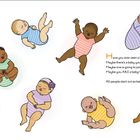 Text: "Have you ever seen a baby? ... All people start out as babies." Illustration von fröhlichen Babys in bunten Outfits.