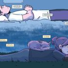 Zwei Personen liegen auf dem Boden. Eine hält einen Ring, eine schläft. Umgeben von Grübeleien und einem schlafenden Fuchs.