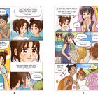 Seite 6 und 7 zeigen bunte Comic-Illustrationen mehrerer Mädchen, die in Sprechblasen über einen Trip diskutieren.