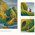 Links: "Of course you can... We'll sing and fish and explore." Rechts: "They spent the day doing just that." Illustration eines Berges als Tier mit blauen Augen und Kind darauf.