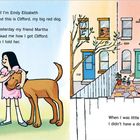 "Hi! I'm Emily Elizabeth and this is Clifford, my big red dog. When I was little I lived in the city." Zwei Kinder mit großem roten Hund.