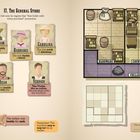 Texte: "17. The General Store", "Abraham", "Barbara", "Carolina", "Dean", "Vernon", "The outlaw was beside the sack." Szene: Personenporträts und ein Grundriss.