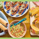 "Five ways" in weißer Schrift auf grünem Rand. Verschiedene Gerichte: Tacos, Flautas, Süßkartoffeln, Salat und Getränk.