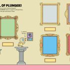 "HEY! How did YOU get a sticker?!?" "I asked! Nicely." Sechs leere Bilderrahmen, blaue Taube und gelbes Küken.