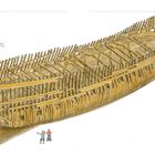 Eine Illustration zeigt den Holzrahmen eines Schiffs mit dem Titel: "GLOUCESTER". Zwei Personen stehen davor.