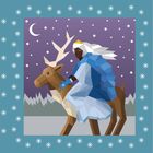 Illustration: Person in blauem Mantel reitet Hirsch im Schnee, umgeben von Sternenhimmel und Schneeflockenrand.