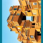 Moderne, orange-ockerfarbene Gebäudestruktur vor blauem Himmel, mit kantigem, geometrischem Design.