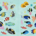 Illustration bunter tropischer Fische, Korallen und Wasserpflanzen auf hellblauem Hintergrund.