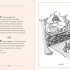 Texte: „daypack“, „deadfall“. Illustration: Ein riesiger Haufen Äste blockiert einen Pfad, beobachtet von vier Figuren.