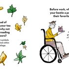 Links: Text über Blätterlesen. Rechts: Gedicht über Farbe per SMS, mit kleinem Geschenk in passendem Farbton. Illustrationen von Blättern und Figuren.