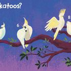 „Slews and slews of cockatoos?“ Illustrationen von Kakadus auf Ästen, nummeriert von 2 bis 10, leuchtende Farben.