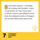 Text: Regel "zu viele Spieler" in Hockey und Fußball. Datum: 7. Oktober 2027. Gelbe Glühbirnenillustration.