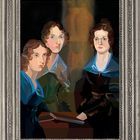 Drei Frauen in blau-schwarzen Kleidern; moderne, stilisierte Illustration in einem dekorativen Rahmen.