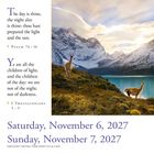 Texte: Psalm 74:16 und 1 Thessalonians 5:5. Daten: Samstag, 6. November 2027 und Sonntag, 7. November 2027. Bild: Gebirge mit See und zwei Lamas.
