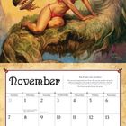 November. "The Forest and the Fruit." Illustration: Frau in rotem Bikini mit Drachen in fantasievoller Umgebung.