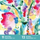 „11 Saturday September 2027“, „12 Sunday September 2027“. Illustration mit bunten, abstrakten Blumenformen.