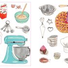 "Made with Love" steht zentral. Illustration: Backutensilien wie Mixer, Muffins, Teigroller, Messbecher und eine Schüssel.