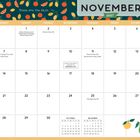Kalender für November 2027 mit Illustrationen von Früchten und Blättern. Feiertage: Election Day, Veterans Day, Thanksgiving.