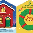 Links: "HANG HOLIDAY LIGHTS", Haus mit Lichterkette, Leiter, Hund. Rechts: "DECORATE A WREATH", Kranz mit "Merry Christmas".