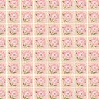 Illustration: Wiederholtes Muster aus rosa Blumen in quadratischen Rahmen vor hellem Hintergrund.