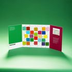 In der Mitte Farbpalette mit PANTONE-Quadraten. Links grünes Infofeld mit Text. Rechts rotes Feld mit Anleitung.