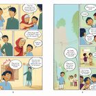 Ein Junge verabschiedet sich von Familie und Freunden. Gespräch über Abreise nach Kanada. Fröhliche, bunte Darstellung.