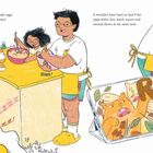 Text: Links "POFF", "POP!", "PO!", "fizzzz", "sssss", "clink clink", "DING!". Rechts "ROAR!".

Illustration eines Vaters und Kindes, die zusammen kochen. Im Hintergrund ein brüllender Löwe.