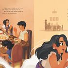 Zwei Texte in englischer Sprache beschreiben lustige Momente und Erkundungen. Illustration: Eine Familie isst lächelnd am Tisch.