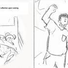 Links: "Good morning, my beautiful animal." Ein Kind begrüßt einen Hund im Bett. Rechts: "Today is going to be a great day!" Ein Mann und das Kind wirken fröhlich. Illustration.