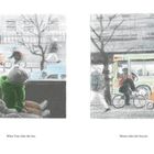 Links: "When Tom rides the bus," – Tom im Bus. Rechts: "Momo rides her bicycle." – Momo auf dem Fahrrad neben einem Bus.