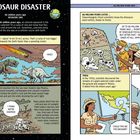 Dinosaur Disaster. 66 million years ago. Mesozoic Era. Asteroid, fossils, extinction. Illustration mit Dinosauriern und Paläontologen.
