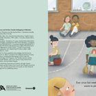 Texte: "Ever since last week, no one at school wants to play with me."

Illustration: Kinder spielen auf einem Schulhof; eins klettert auf einen Baum.