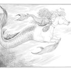 Illustration eines Mädchens, das auf einem Meerespferd mit Fischschwanz reitet. Beide wirken, als würden sie schwimmen.