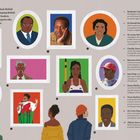 Text: "Meet some of the Black Georgians whose stories we know: from sailors to writers, and from a champion boxer to a slave-owning gentleman."  
Illustration mit Porträts in goldenen Rahmen und blumiger Tapete. Eine Frau in rosa Kleid betrachtet sie.