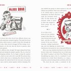 Text links: „Blood Bank“ mit „Night Manager“. Rechts: „Karl Landsteiner“. Illustrationen von einer Dracula-Figur und einem Mann in einem Porträt.