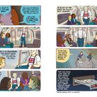 Texte beschreiben Vorfälle rassistischer und diskriminierender Natur in Londoner U-Bahn. Eine Gruppe kontert mit Humor. Eine Illustration.