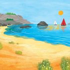 Text: "MY BEST BEACH DAY. Design your ideal day at the beach! What did you do? What wonders did you find?"  
Illustration eines sonnigen Strands mit zwei Segelbooten.