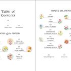 "Table of Contents" gefolgt von "Blooms of the World" und Kapitelnummern von verschiedenen Kontinenten und Blumengruppen.