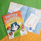 Titel: "Poppy's Question". Darunter: "Anything is possible when you have the courage to ask." Fröhliche Kinderillustration.